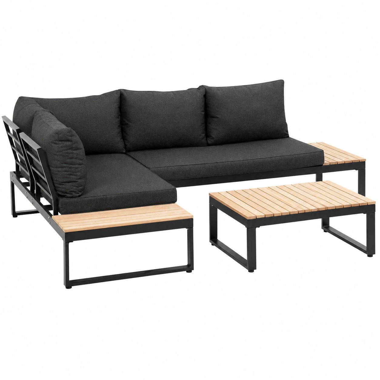 Set de Muebles para Jardín Greemotion Rio, Sofá Exterior para 4 Personas con Aluminio y Madera de Acacia, Incluye Mesa y Cojines, Negro/Madera/Gris