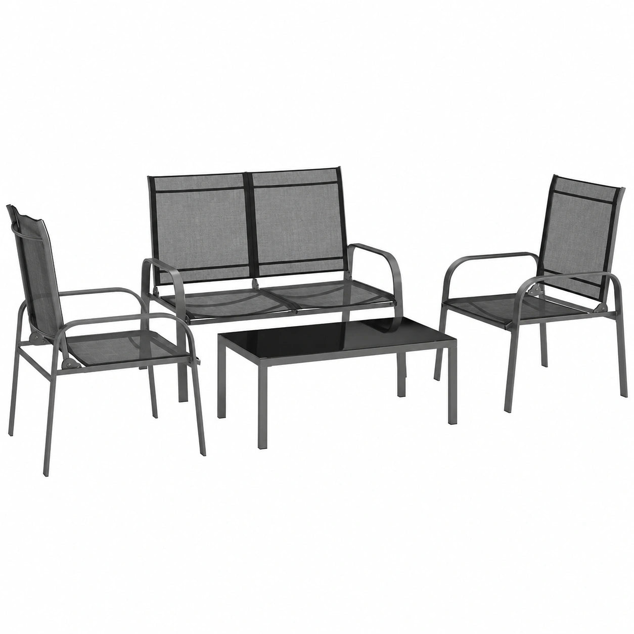 Conjunto de Muebles de Jardín Outsunny de 4 Piezas con Sofá Ajustable, Sillas y Mesa de Cristal Negro