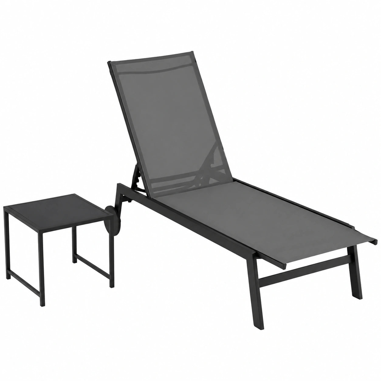Tumbona de Jardín Reclinable con Mesa de Cristal y Ruedas, Capacidad 150kg, Gris y Negro