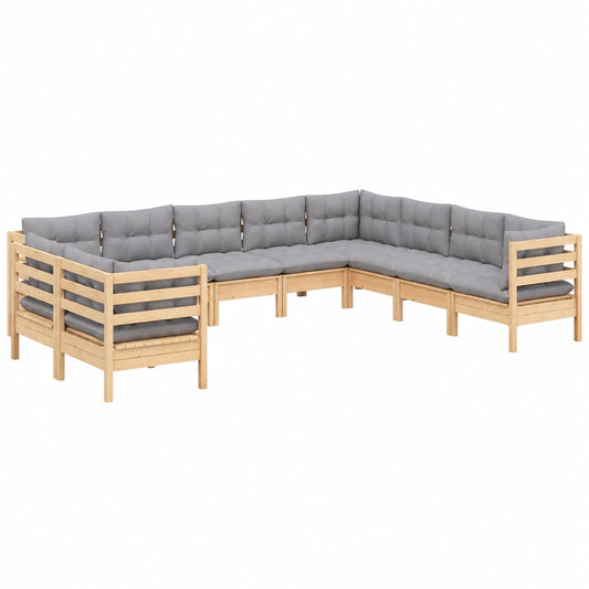 Conjunto de Jardín 10 Piezas con Cojines, Sofá y Sillas de Madera de Pino Robusta para Terraza