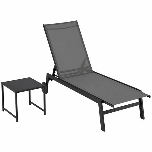 Tumbona de Jardín Reclinable con Mesa de Cristal y Ruedas, Capacidad 150kg, Gris y Negro
